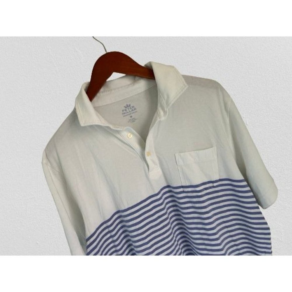 Peter Millar Cotton Polo Shirt White Pale Blue Stripes Crown Embroidery Pocket -